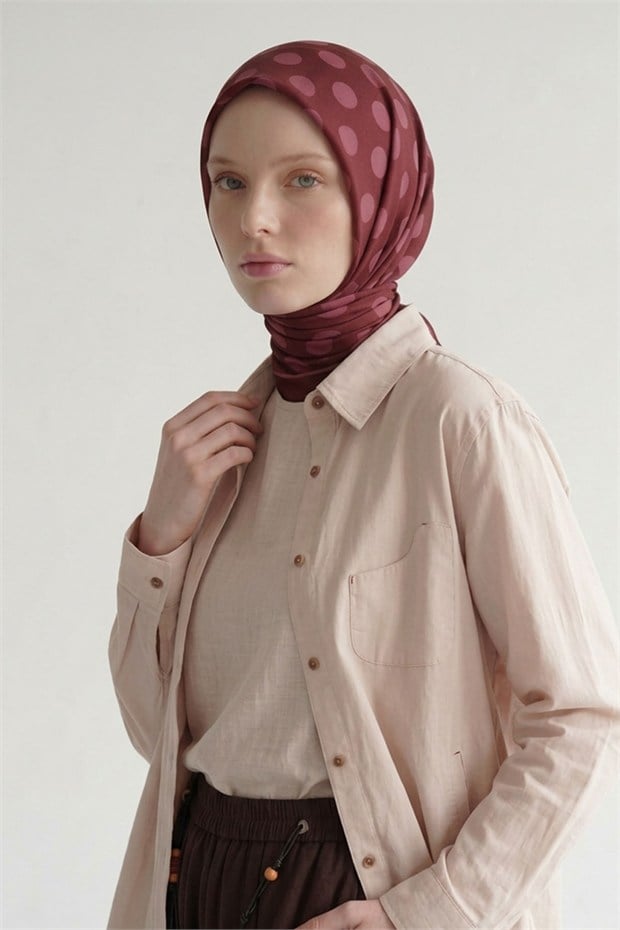 Puantiyeli Twill İpek Eşarp Fuşya