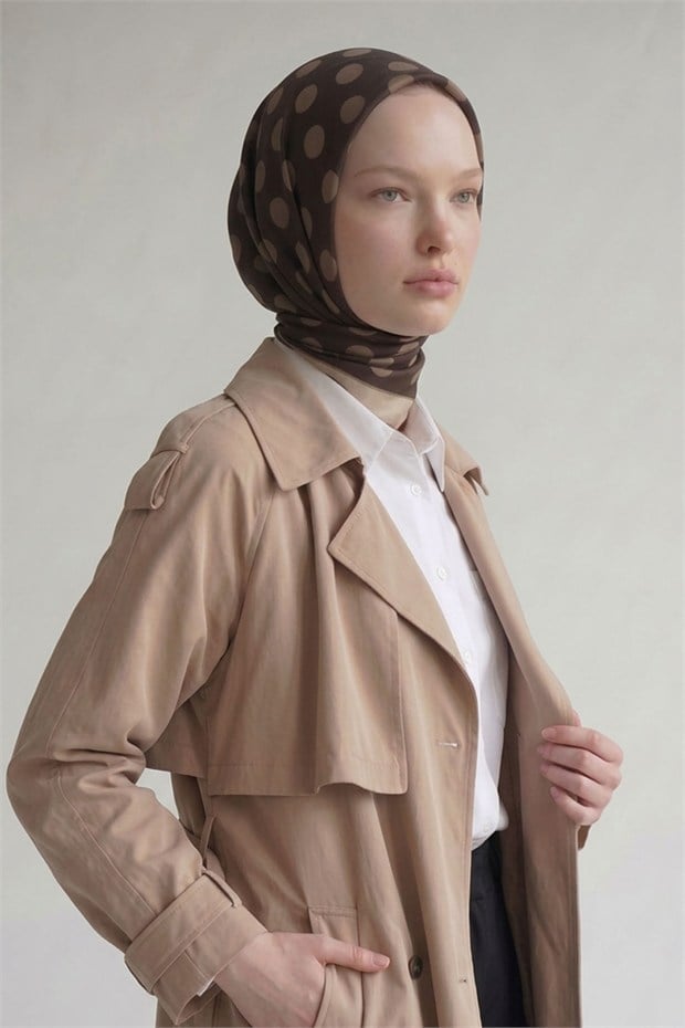 Puantiyeli Twill İpek Eşarp Kahve