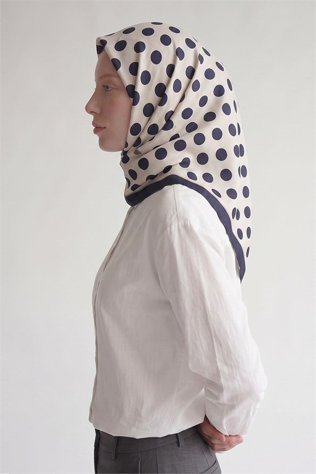 Puantiyeli Twill İpek Eşarp Lacivert - Ekru