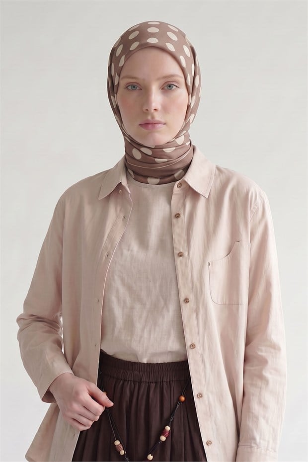 Puantiyeli Twill İpek Eşarp Latte