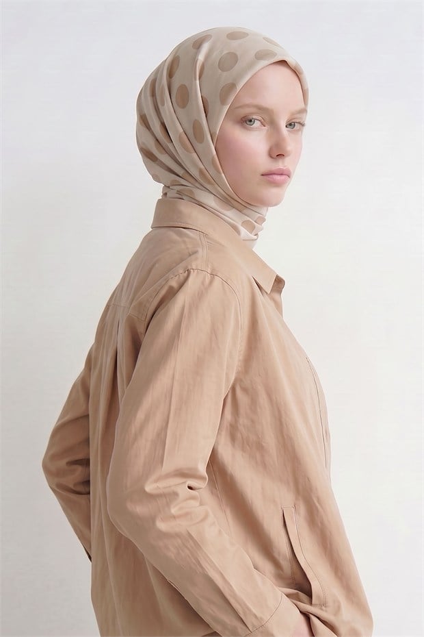 Puantiyeli Twill İpek Eşarp Sütlü Kahve