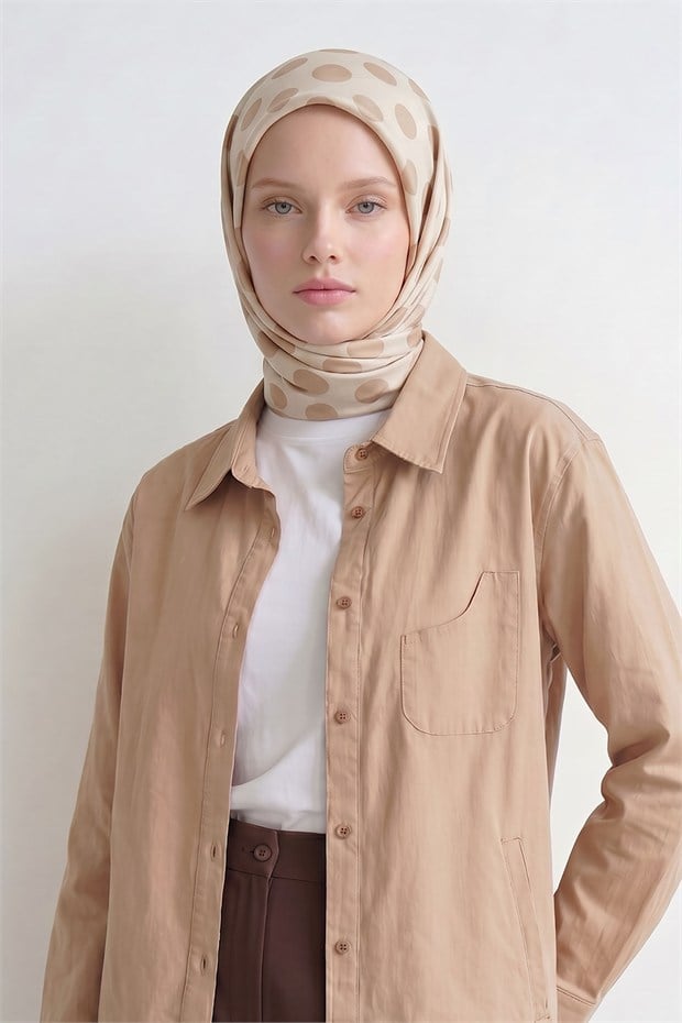 Puantiyeli Twill İpek Eşarp Sütlü Kahve