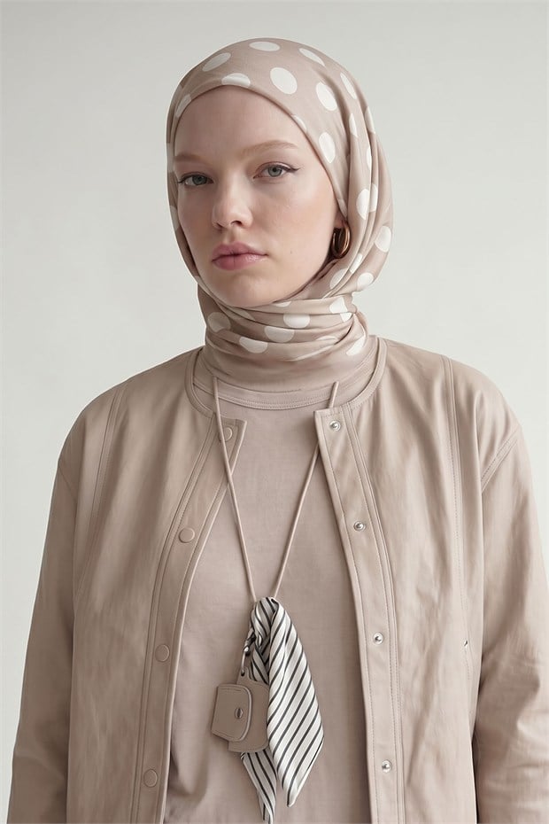 Puantiyeli Twill İpek Eşarp Vizon