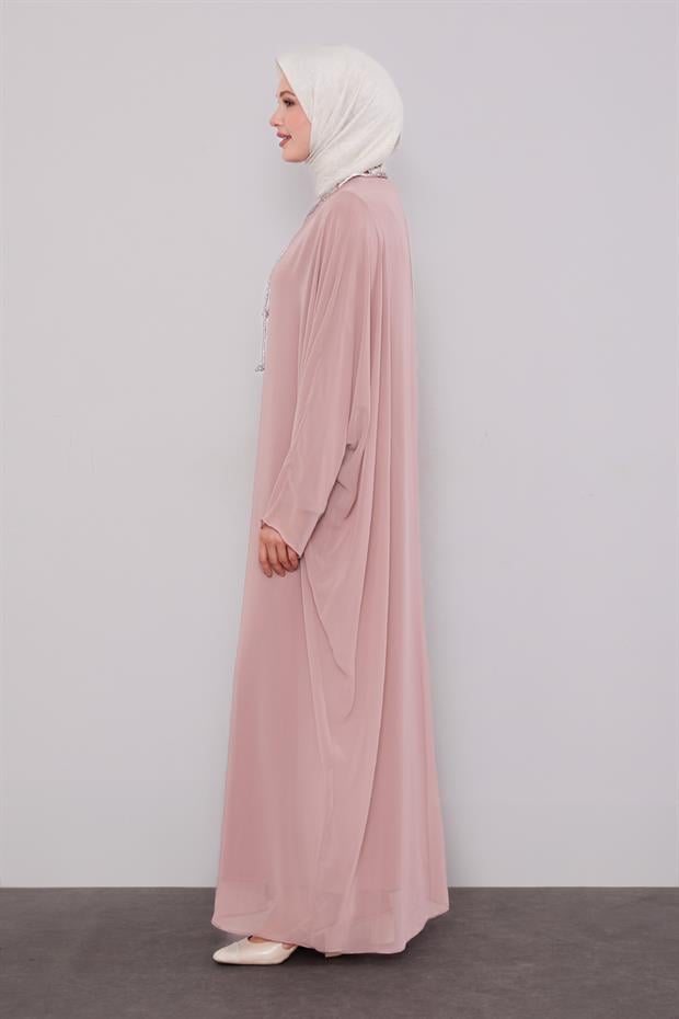 Pudra Birit Yaka Detaylı Ferace