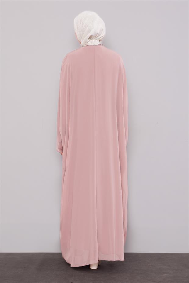 Pudra Birit Yaka Detaylı Ferace