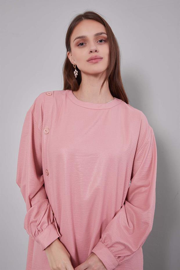 Pudra Bisiklet Yaka Düğme Detaylı İkili Takım