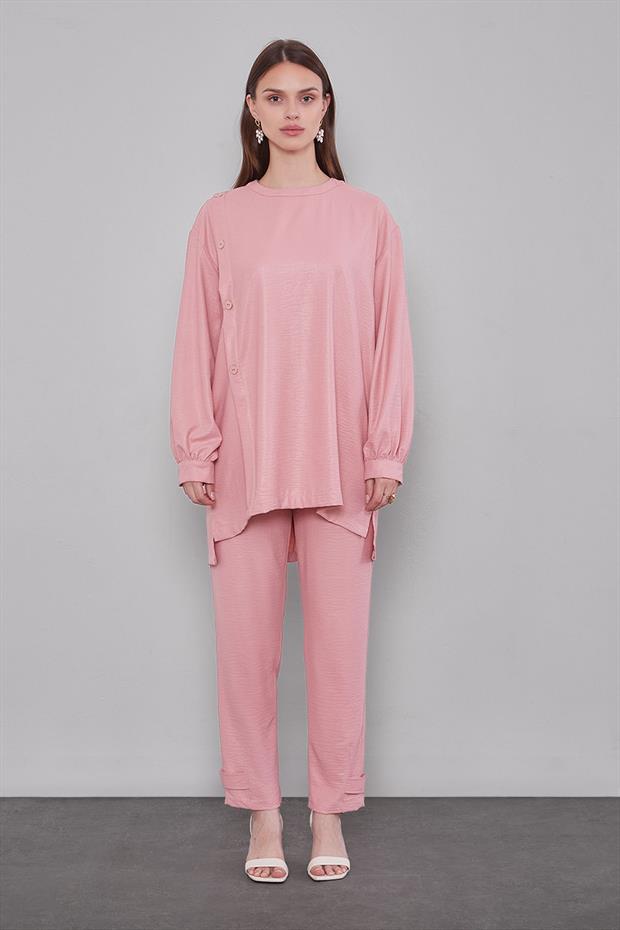 Pudra Bisiklet Yaka Düğme Detaylı İkili Takım