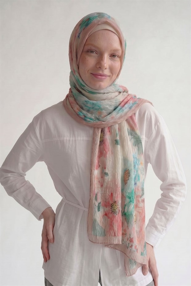 Pudra Çiçek Desen Müslin Şal