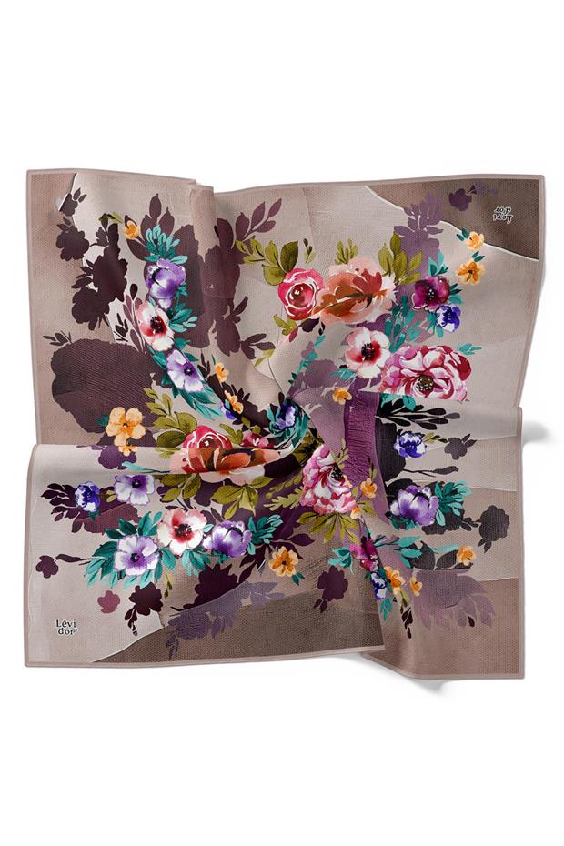 Pudra Çiçek Desen Twill İpek Eşarp