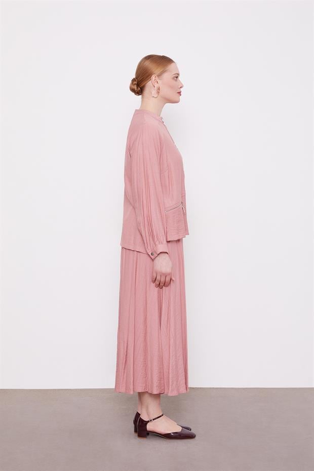 Pudra Çift Düğme Detaylı Etekli Takım