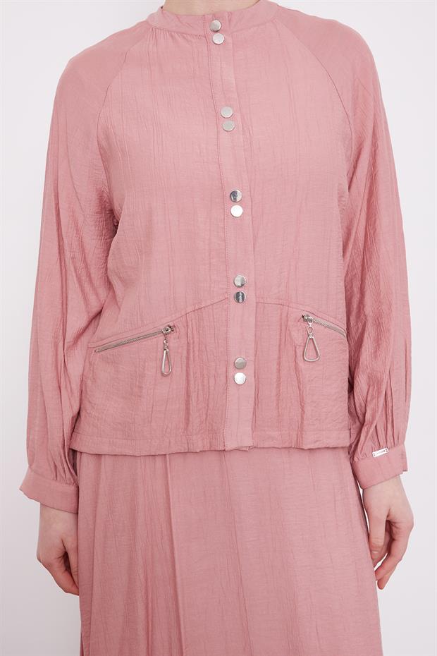 Pudra Çift Düğme Detaylı Etekli Takım