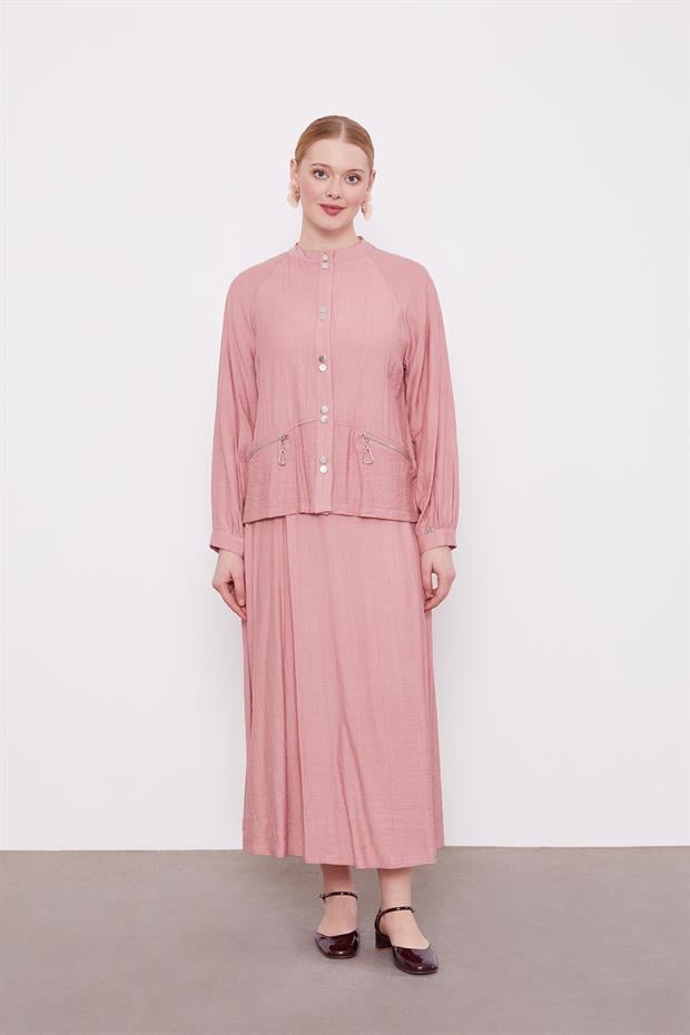 Pudra Çift Düğme Detaylı Etekli Takım