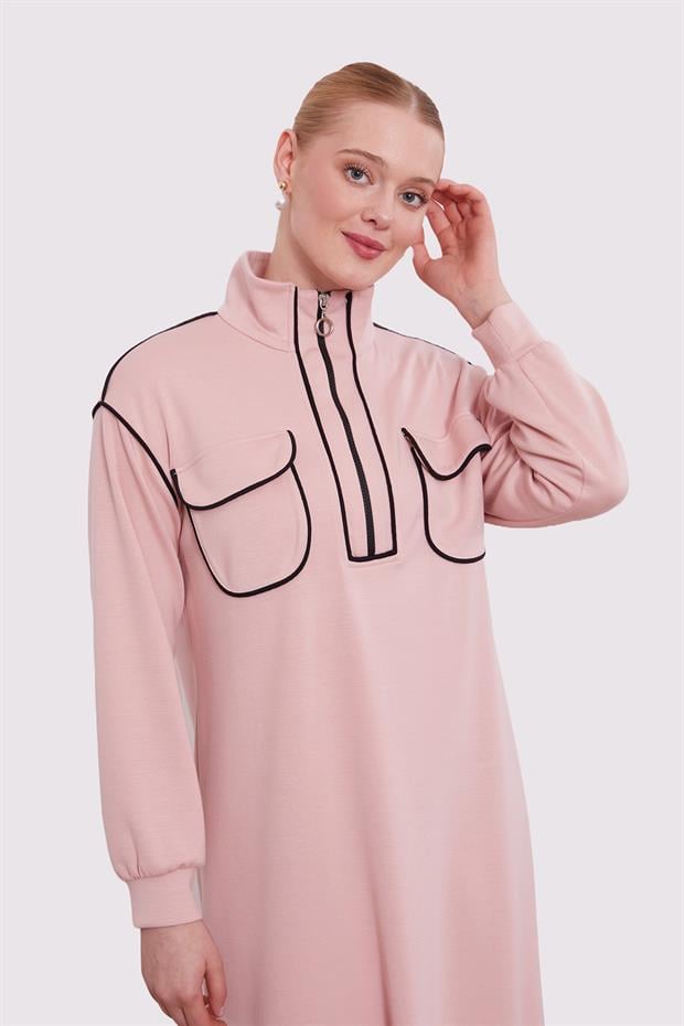 Pudra Çizgi Cep Detaylı Elbise