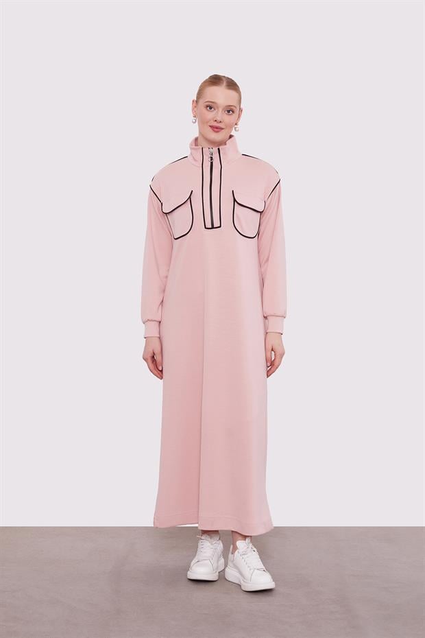 Pudra Çizgi Cep Detaylı Elbise