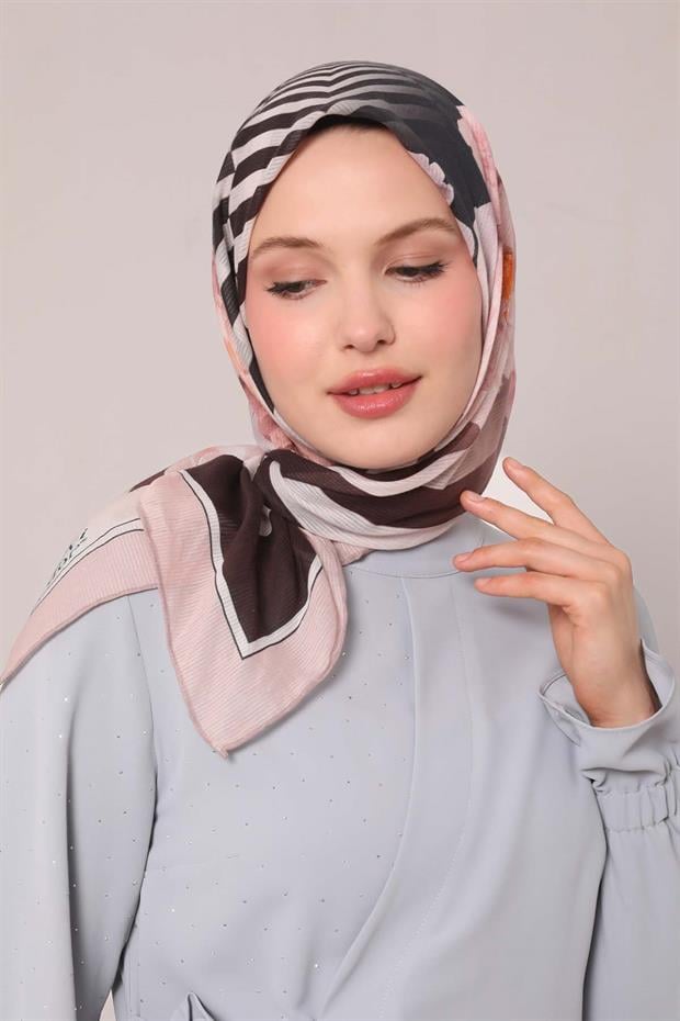 Pudra Çizgili Çiçek Desen Pamuk Eşarp