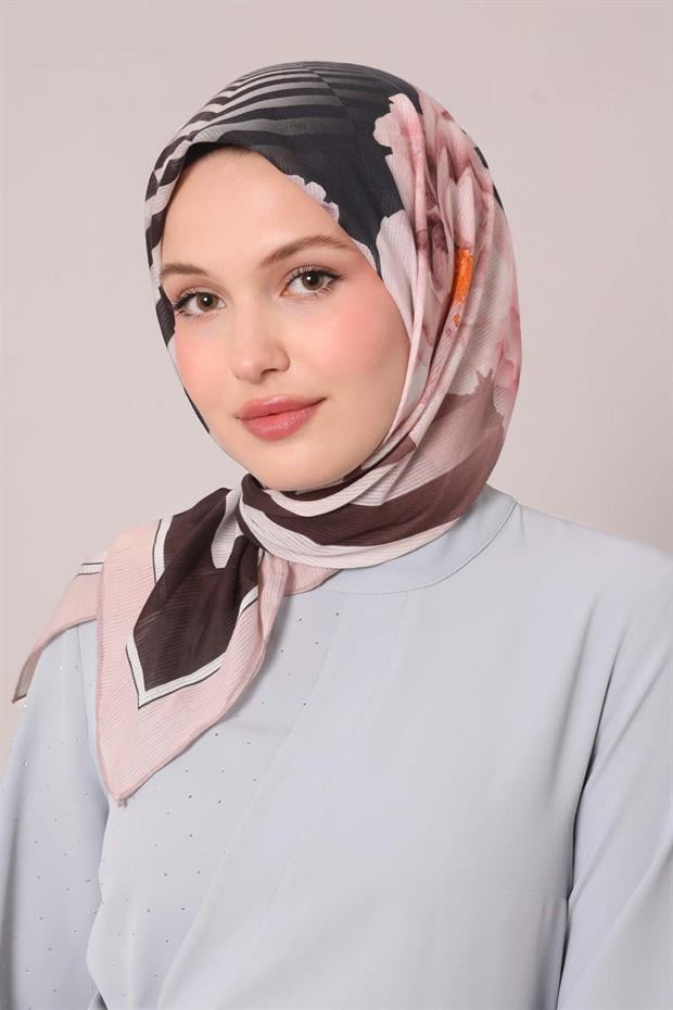 Pudra Çizgili Çiçek Desen Pamuk Eşarp