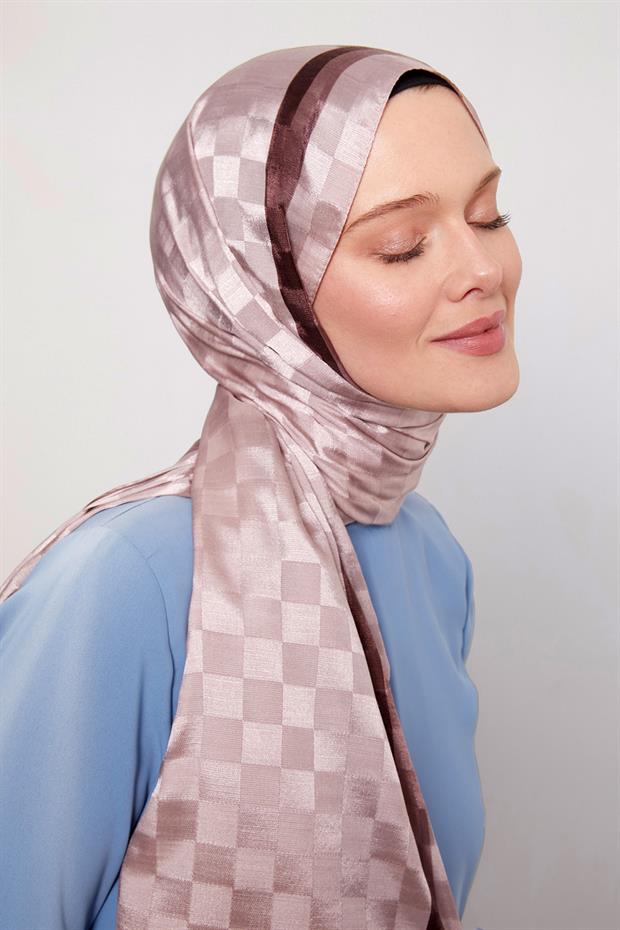 Pudra Çizgili Dama Desen Monogram Şal