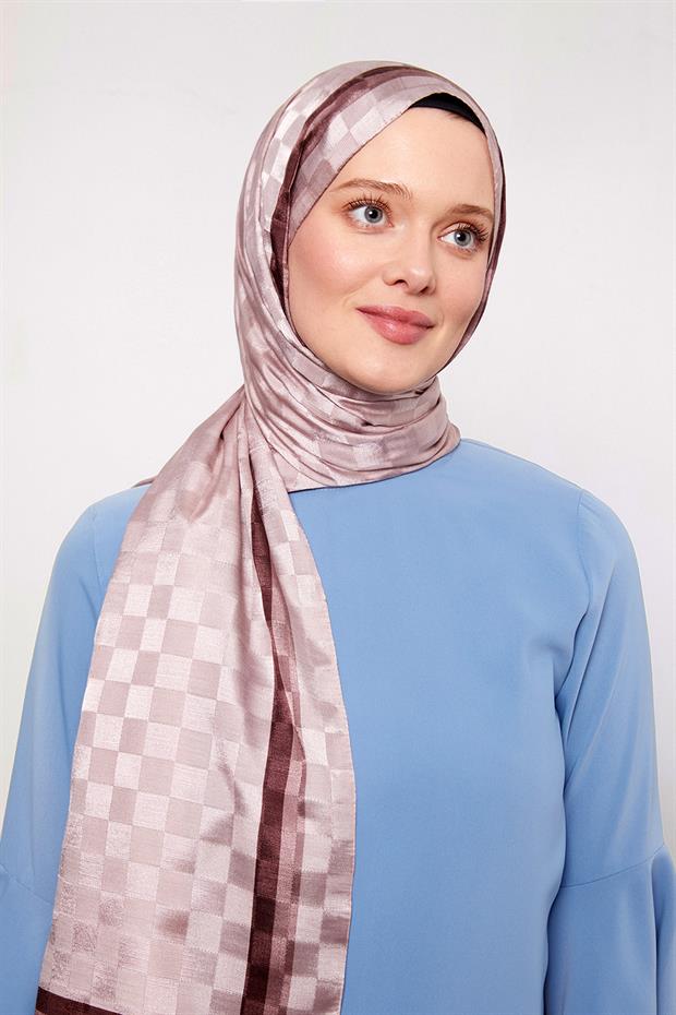 Pudra Çizgili Dama Desen Monogram Şal