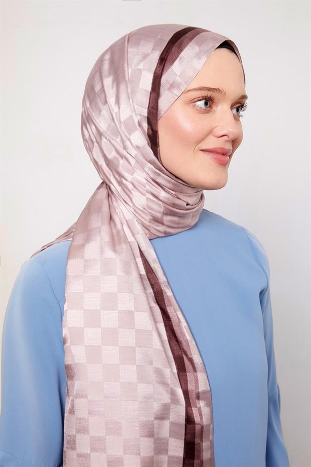 Pudra Çizgili Dama Desen Monogram Şal