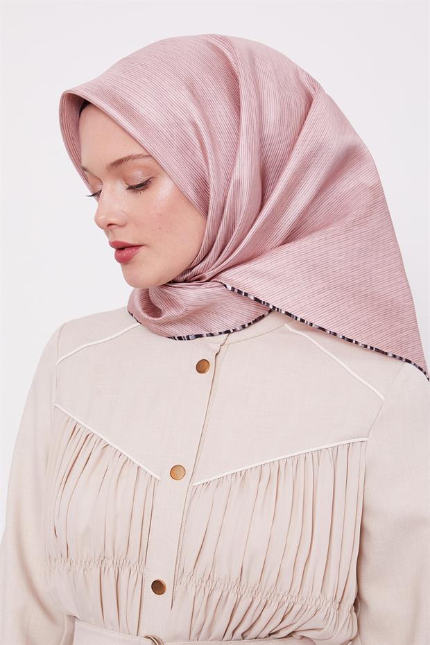 Pudra Çizgili Twill İpek Eşarp