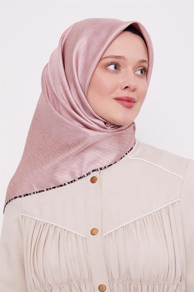 Pudra Çizgili Twill İpek Eşarp