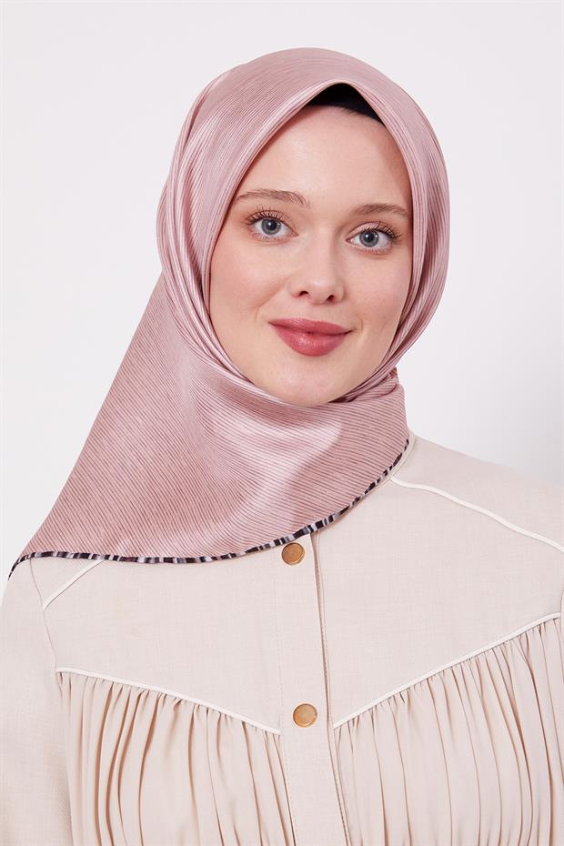 Pudra Çizgili Twill İpek Eşarp