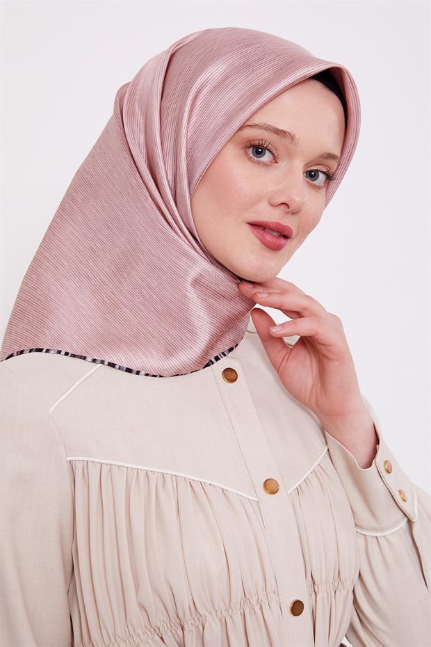 Pudra Çizgili Twill İpek Eşarp
