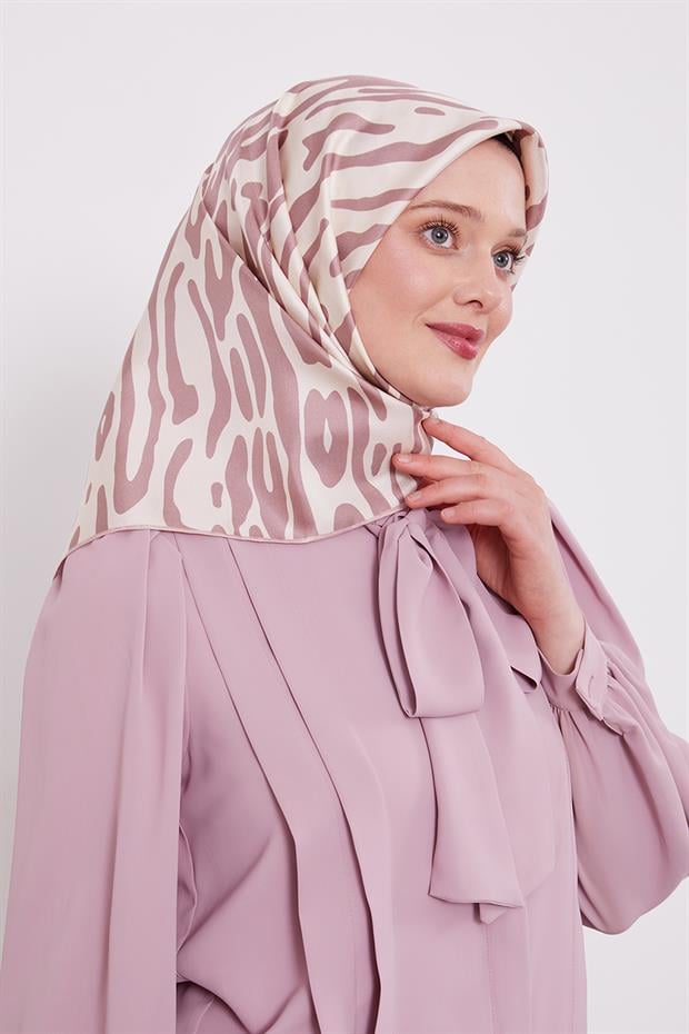 Pudra Büyük Leopar Desen Twill İpek Eşarp