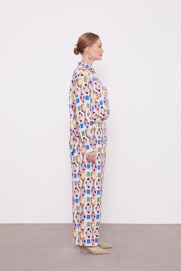 Pudra Geometrik Desenli Tunik Takım