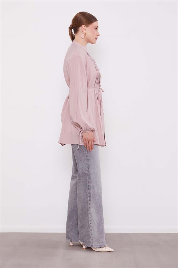 Pudra Düğme Detay Belden Bağlama Gömlek