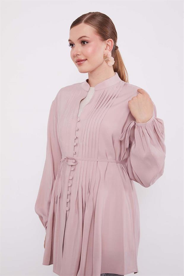 Pudra Düğme Detay Belden Bağlama Gömlek