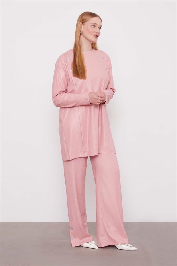 Pudra Düğme Detaylı Bisiklet Yaka İkili Takım