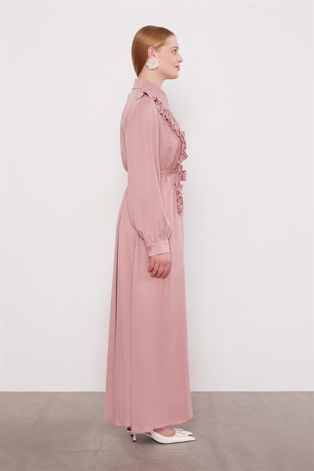 Pudra Düğme Detaylı Cupra Elbise