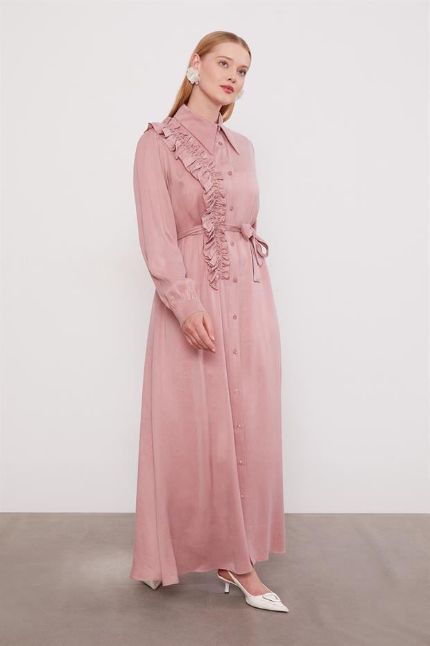 Pudra Düğme Detaylı Cupra Elbise