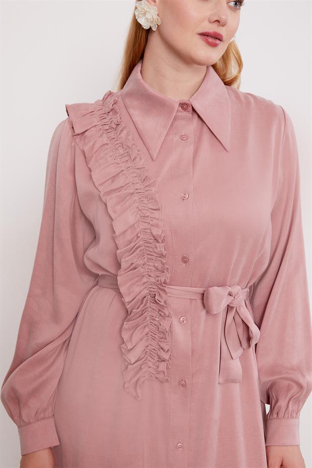 Pudra Düğme Detaylı Cupra Elbise