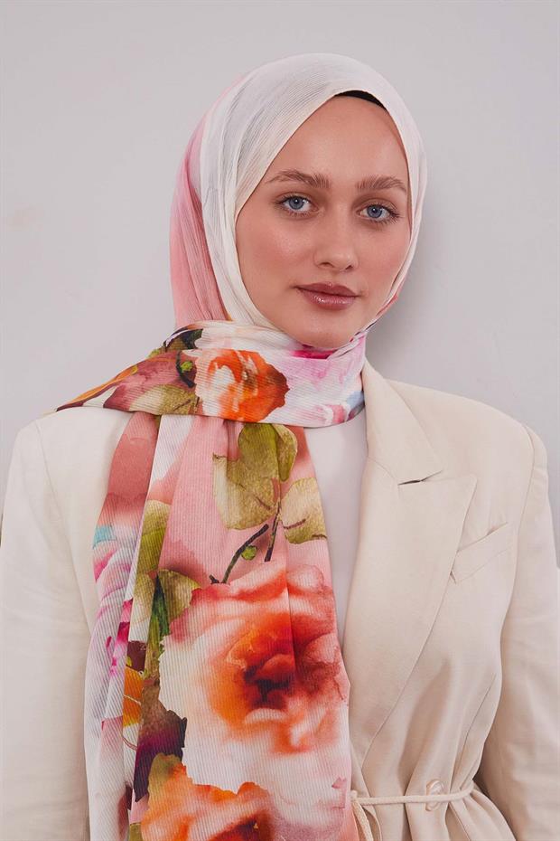 Pudra Ebruli Desen Pamuk Şal