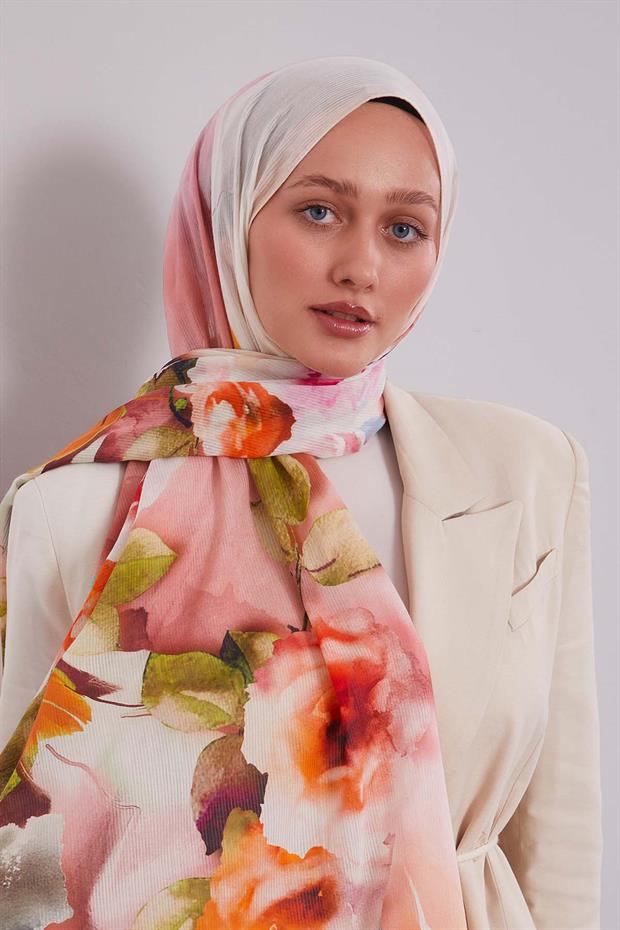 Pudra Ebruli Desen Pamuk Şal