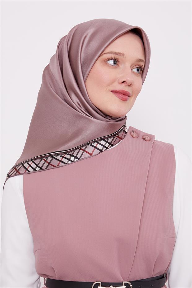 Pudra Ekose Kenar Twill İpek Eşarp