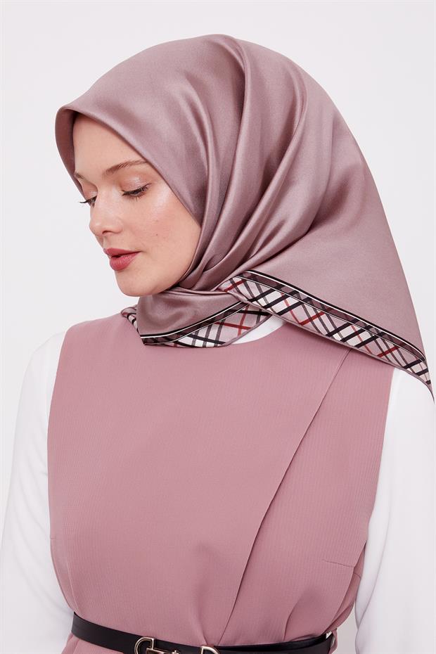 Pudra Ekose Kenar Twill İpek Eşarp