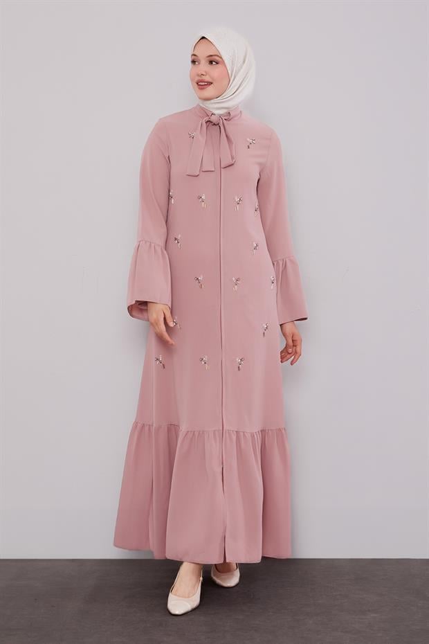 Pudra Fular Detaylı İşlemeli Ferace