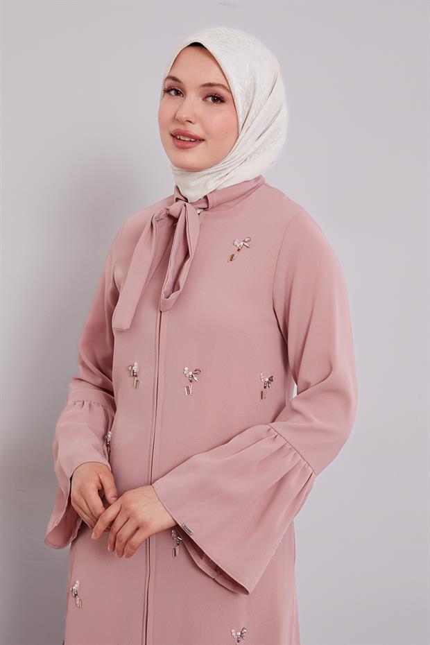 Pudra Fular Detaylı İşlemeli Ferace