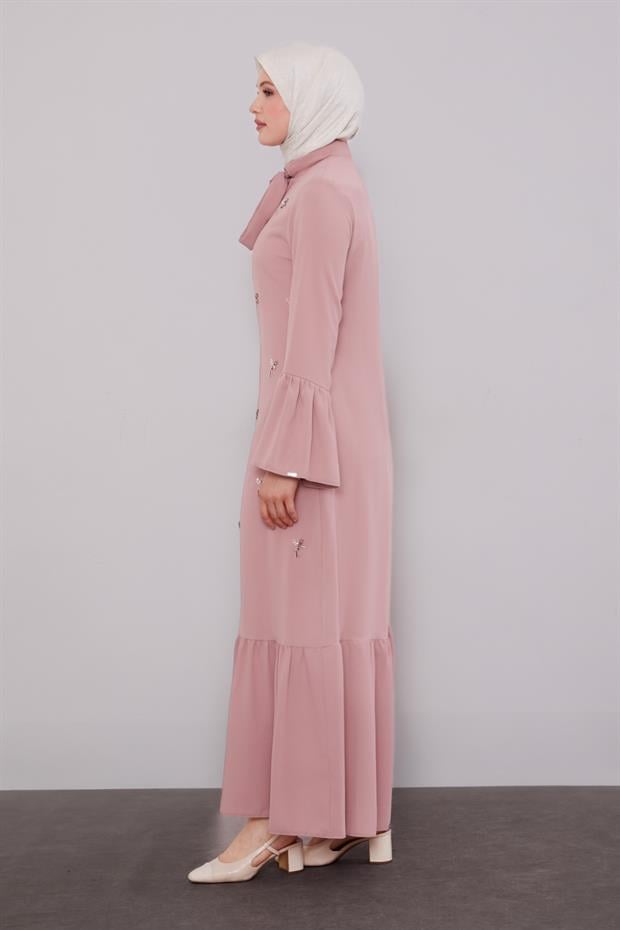 Pudra Fular Detaylı İşlemeli Ferace