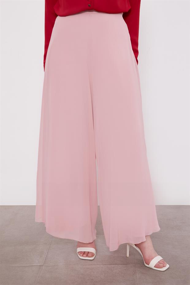 Pudra Geniş Paçalı Şifon Pantolon