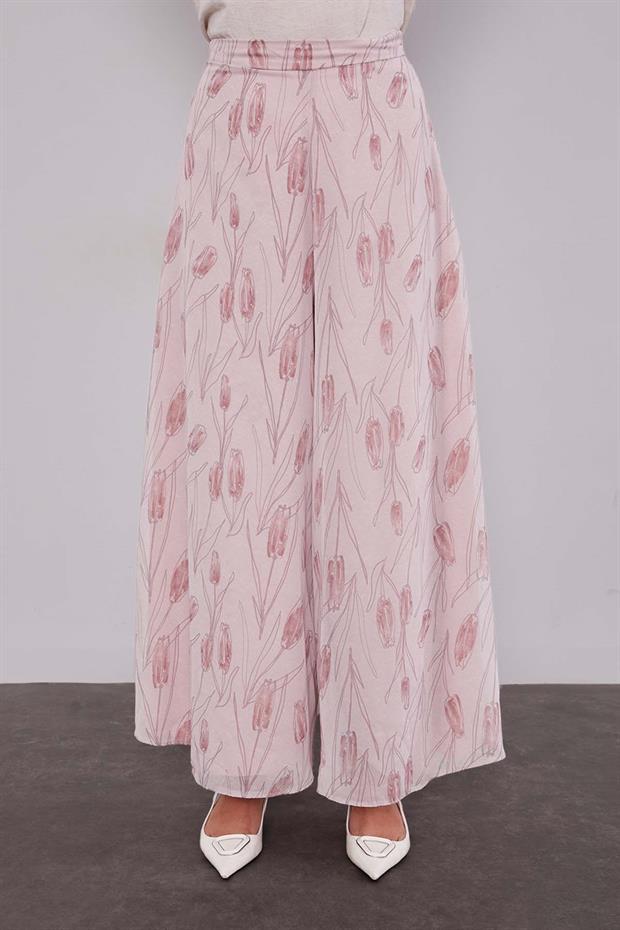 Pudra Kare Desen Geniş Paça Şifon Pantolon