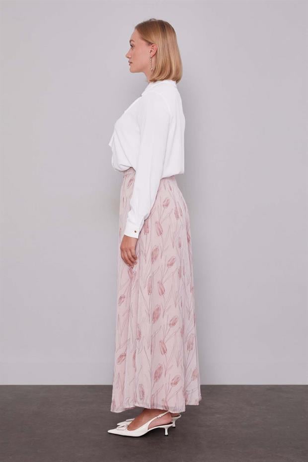 Pudra Kare Desen Geniş Paça Şifon Pantolon