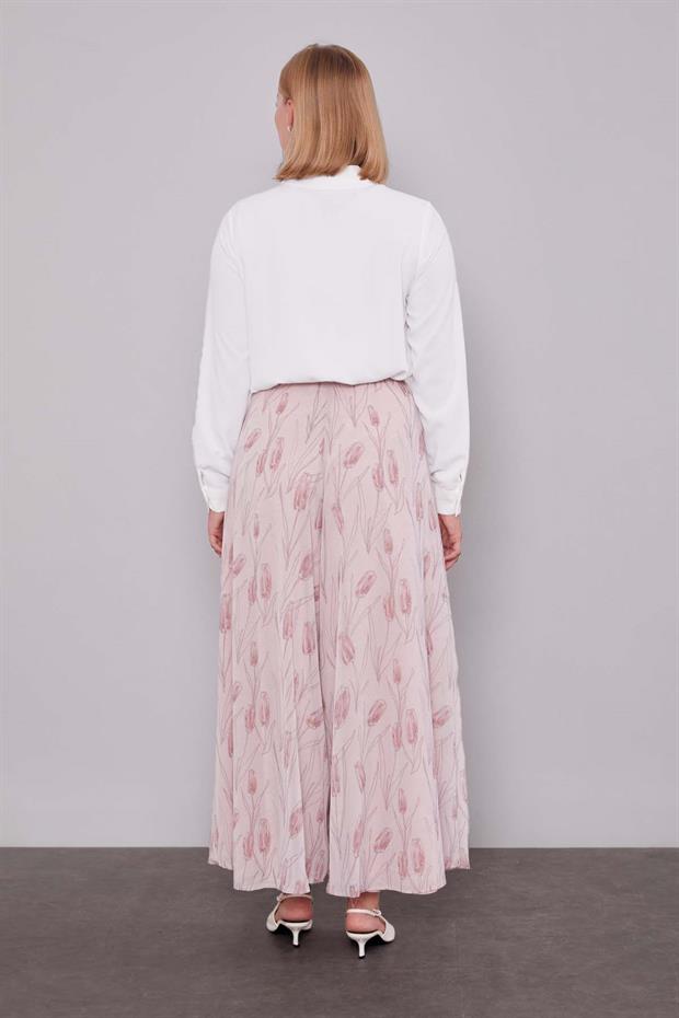 Pudra Kare Desen Geniş Paça Şifon Pantolon