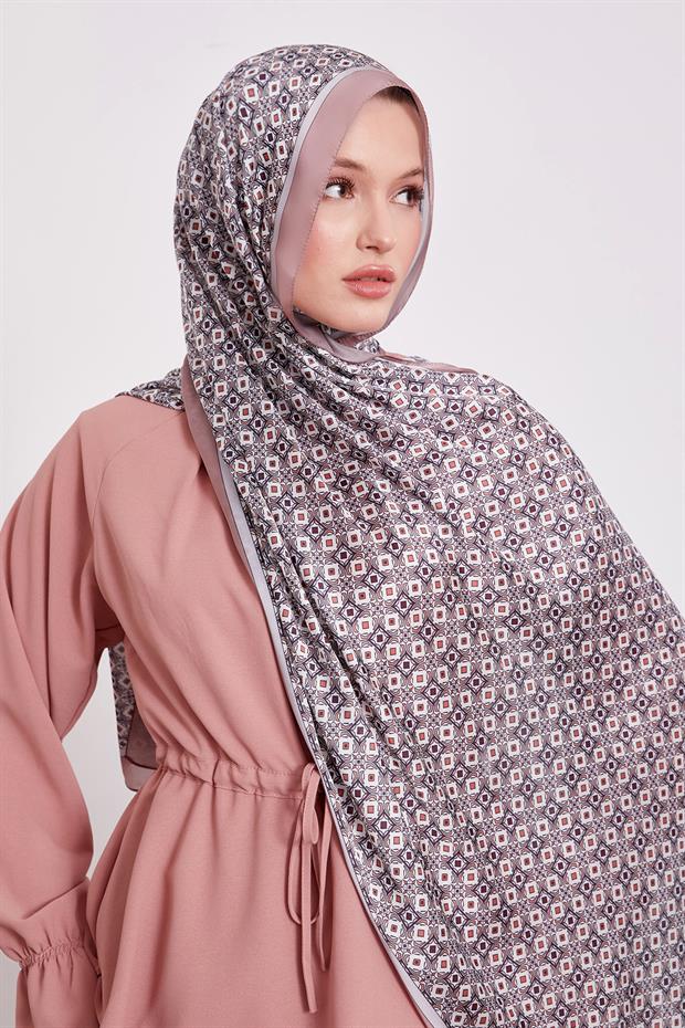 Pudra Kare Desen Hint İpeği Şal