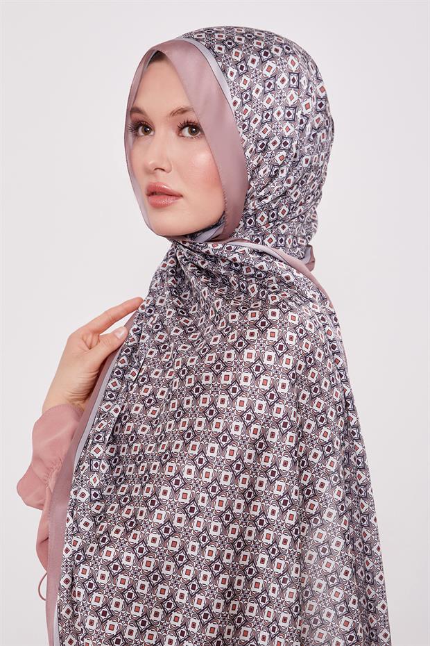 Pudra Kare Desen Hint İpeği Şal