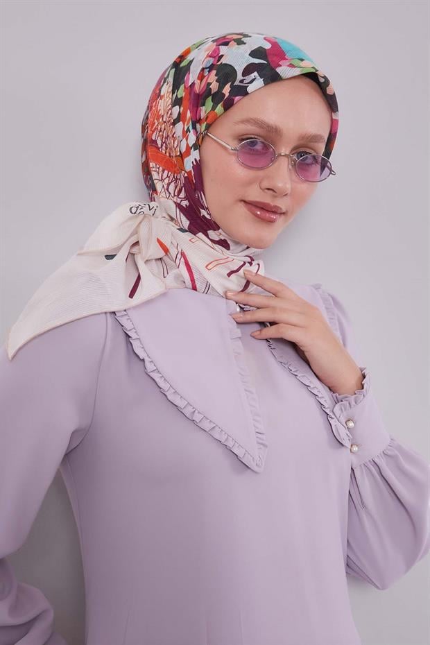 Pudra Karışık Çiçek Desen Pamuk Eşarp