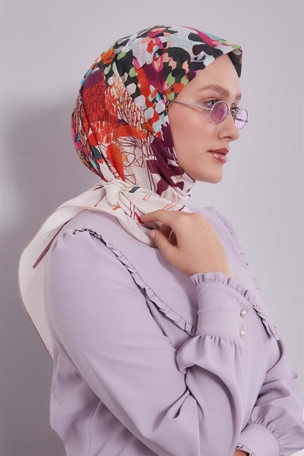 Pudra Karışık Çiçek Desen Pamuk Eşarp